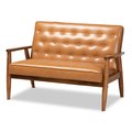 Baxton Studio Sorrento Mid-Century Modern Tan Faux Leather and Walnut Brown Finished Wood Loveseat 175-10978-Zoro
